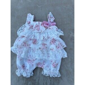 Miniclasix ruffled floral chiffon baby girl romper white lace, pink bows size 6M